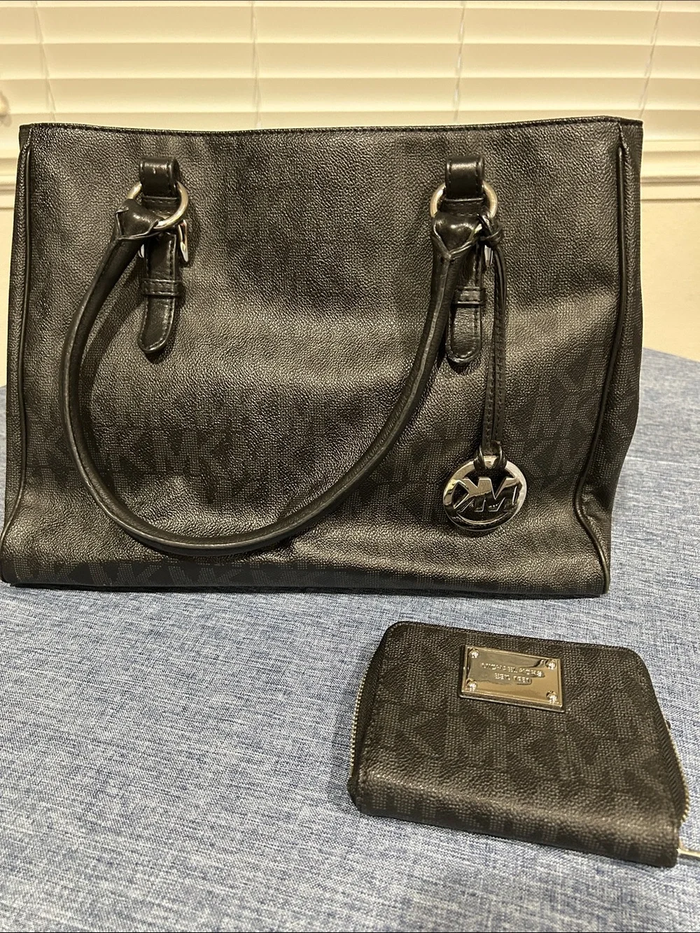 Michael Kors Black MK Logo Tote with Silver Charm